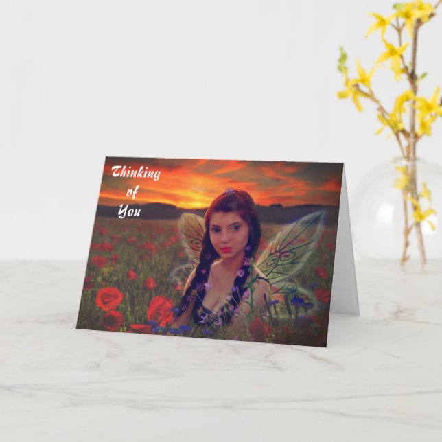 Cartão Fada no Sunset em campo de papo Fantasia Arte (Flor Amarela)