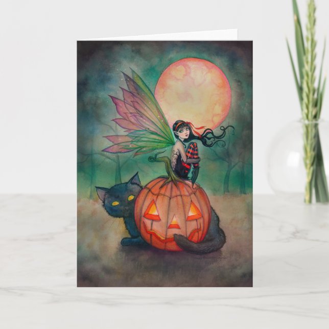 Cartão Fada Pixie de Halloween e Arte Fantasia de Gato Pr (Frente)