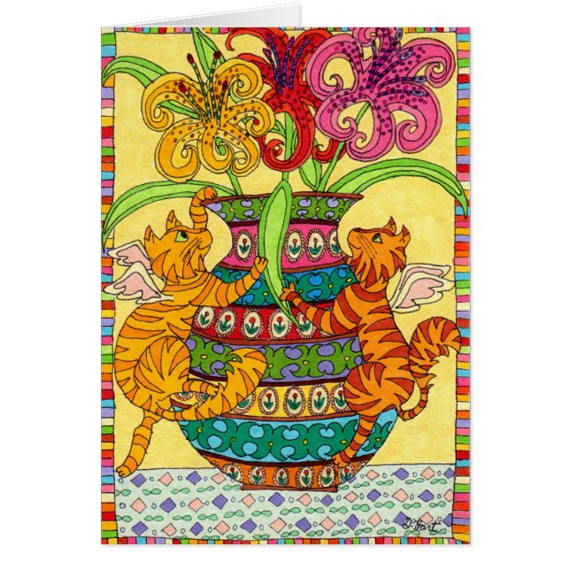 Cartão Fadas de Gato com Vaso Ornamentado de Lírios (Frente)