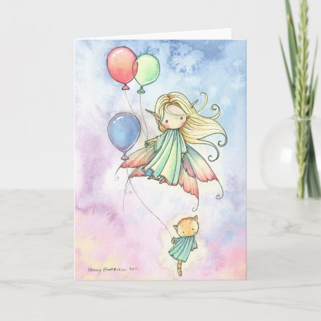 Cartão Fairy and Kitty with Balloons Birthday Card (Frente)