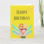 Cartão Fairy girl magic lights birthday sparkle yellow<br><div class="desc">A beautiful and magical blue eyed fairy girl with pastel rainbow colored wings has her hair tied up in a bun on each side of her head and has a pretty orange flower in it. She is surrounded by faux sparkling glitter and dust that create a magical feel, all of...</div>