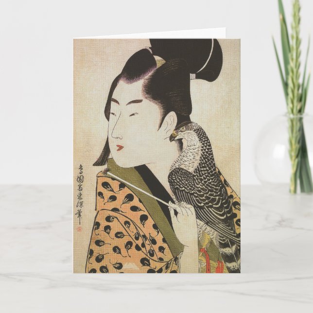 Cartão Falconer Japonês em uma Arte Kimono Vintage (Frente)