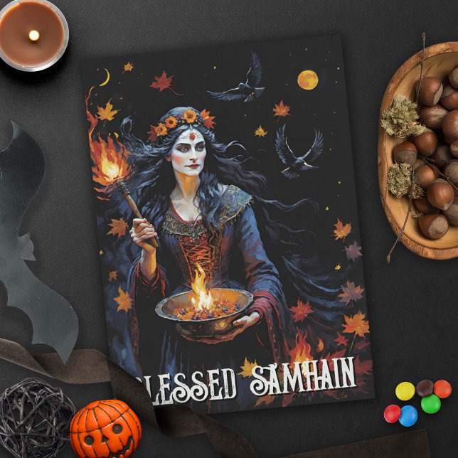 Cartão Fall Forest Abençoada Bruxa Pagan Noite de Samhain (Fall Forest Blessed Samhain Night Pagan Witch Halloween Greeting Card)