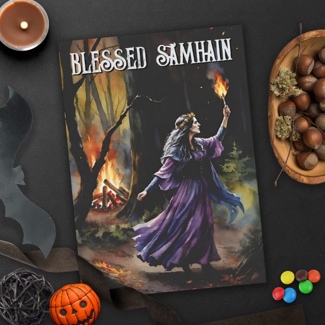 Cartão Fall Forest Abençoada Bruxa Pagan Noite de Samhain (Fall Forest Blessed Samhain Night Pagan Witch Halloween Greeting Card)