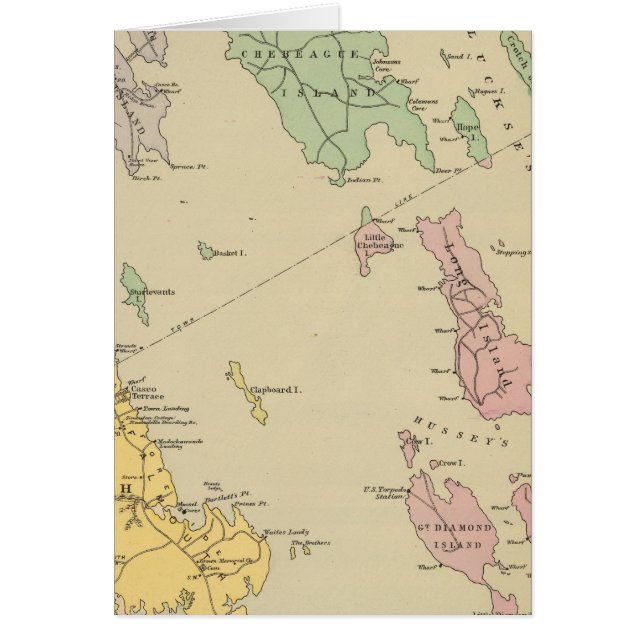 Cartão Falmouth Foreside, ilhas adjacentes, Baía de Casco (Frente)