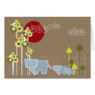Cartão Família De Elefantes Whimsical Na Floresta E Sol V