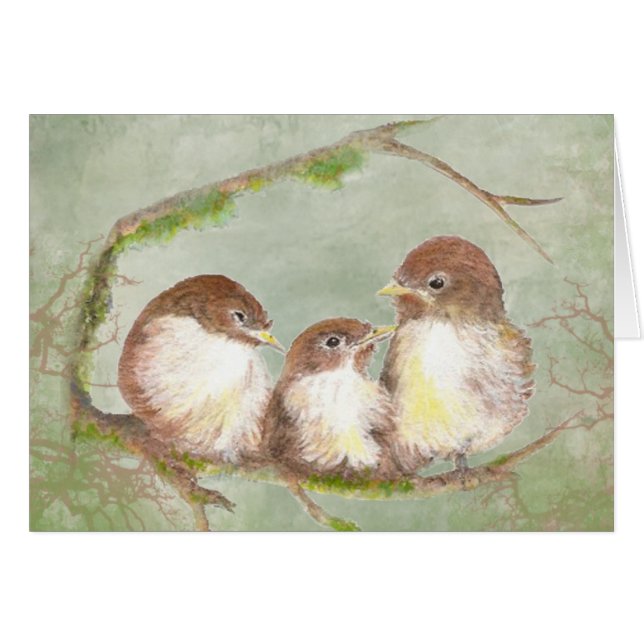 Cartão Família de pássaros Sparrow Cuddddling com Aquarel (Frente Horizontal)