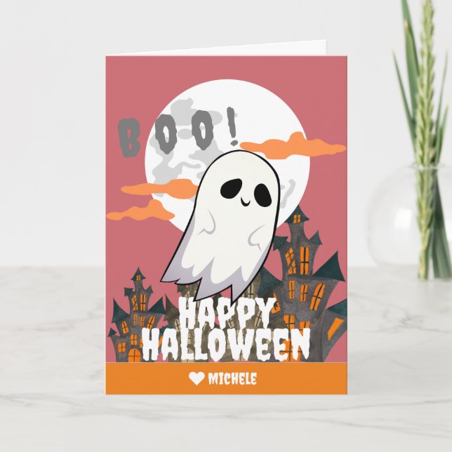 Cartão Família fantasma e amigos do Feliz Halloween (Frente)