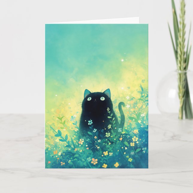 Cartão Fantasia Floral do Gatinho Preto (Frente)