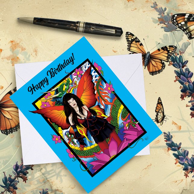 Cartão Fantasia Gótica Azul Mística Fada Dragão (Criador carregado)