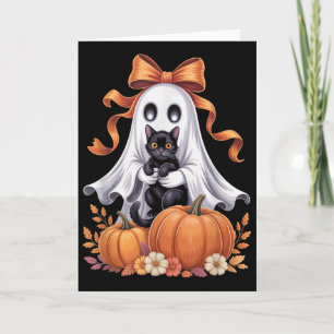 Cartão Fantasma Assustador Segurando Gato Preto Floral Gr
