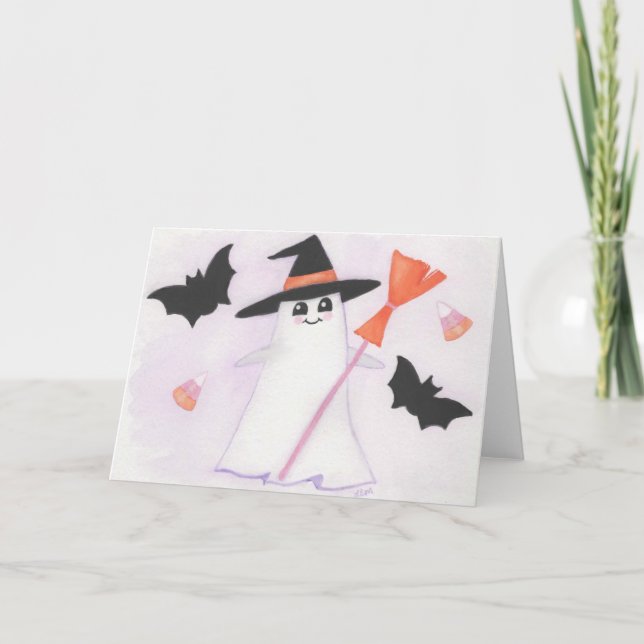 Cartão Fantasma Bonito com morcegos e doces (Frente)