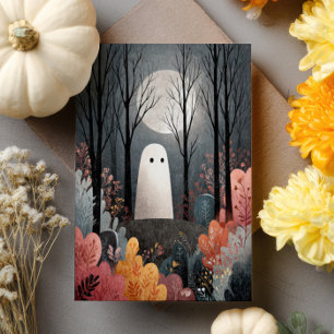 Cartão Fantasma Bonito no Halloween das Florestas Assombr