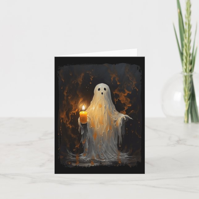 Cartão Fantasma Bonito Segurando Velas Diversão Halloween (Frente)
