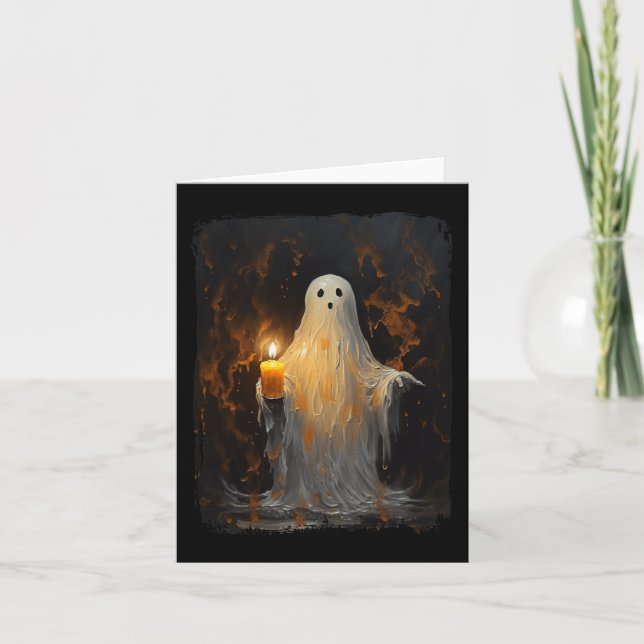 Cartão Fantasma Bonito Segurando Velas Diversão Halloween (Frente)