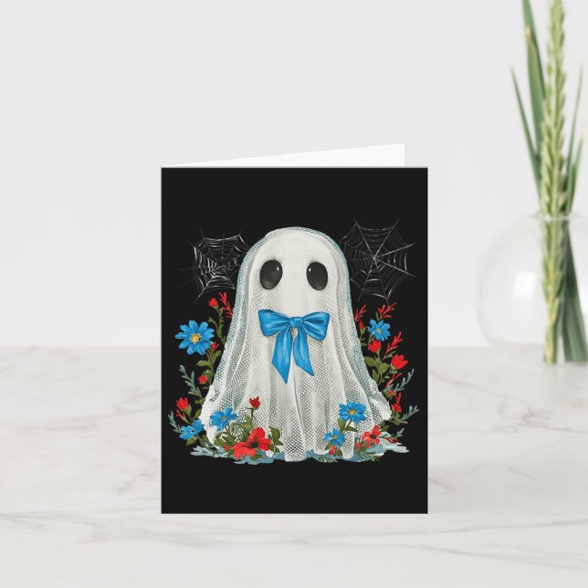 Cartão Fantasma Com Arco Azul Coquette E Flores No Dia Da (Frente)