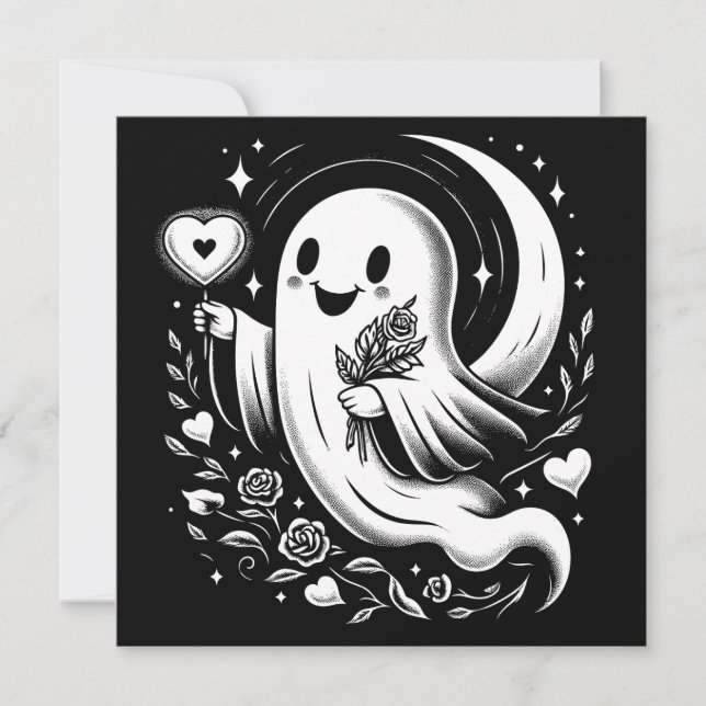 Cartão Fantasma com Coração e Rosas Cute Spooky Valentine (Frente)