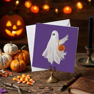 Cartão Fantasma de Doce ou Travessura Com Balde de Doces