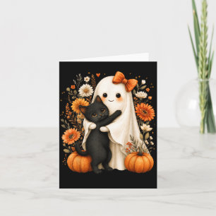 Cartão Fantasma de Halloween Abraçando Gato Preto Floral 