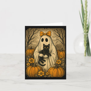 Cartão Fantasma de Halloween Antigo Segurando Gatinho Pre