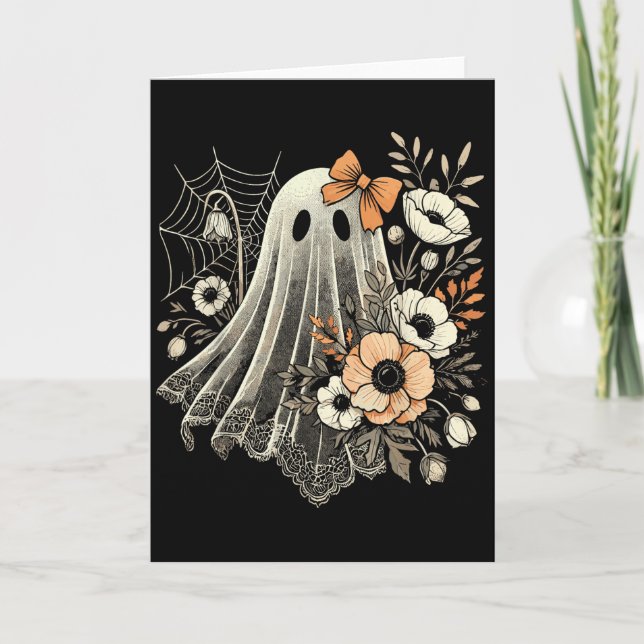 Cartão Fantasma de Halloween com Flores Vintage  (Frente)
