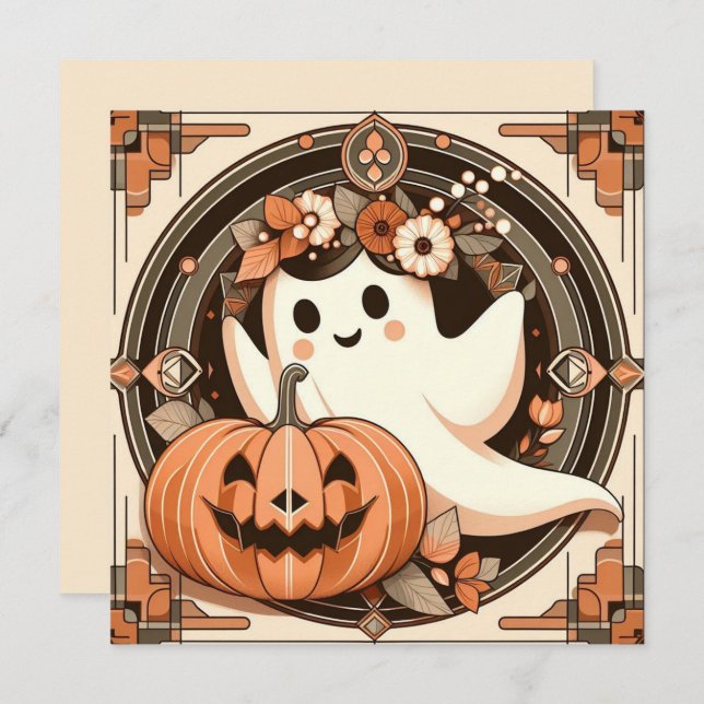 Cartão Fantasma de Halloween e Jack-o'lantern Assustador (Frente/Verso)