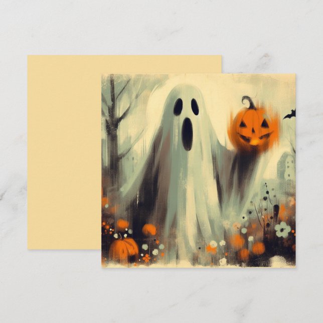 Cartão Fantasma de Halloween e Jack-o'lantern Assustador (Frente/Verso)