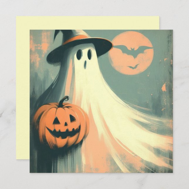 Cartão Fantasma de Halloween e Jack-o'lantern Assustador (Frente/Verso)