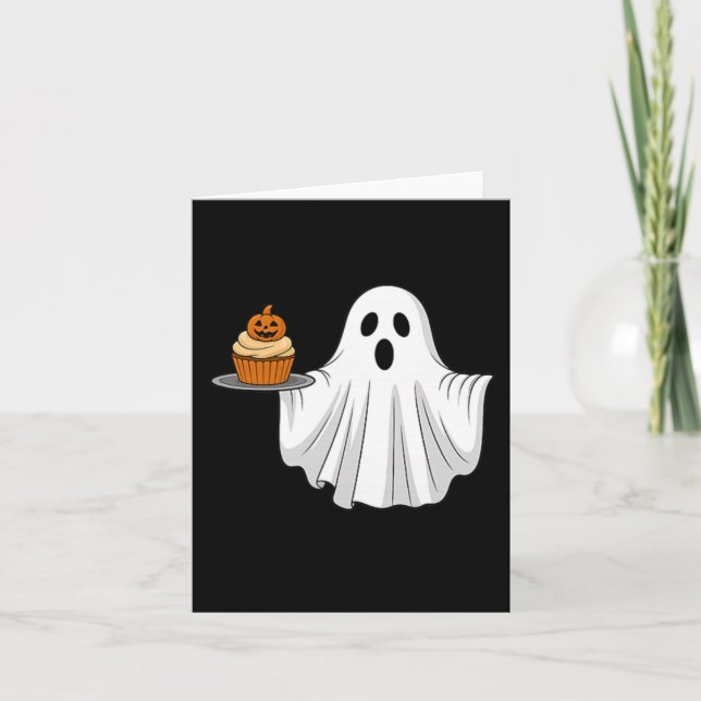 Cartão Fantasma de Halloween Fofo Segurando Cupcake de Ab (Frente)