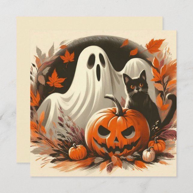 Cartão Fantasma de Halloween, Jack-'o-lantern e Gato Pret (Frente/Verso)