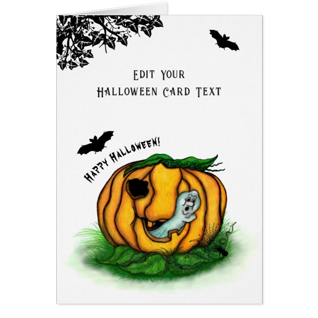 Cartão Fantasma do Halloween, Bat, Ghost e Spider (Frente)