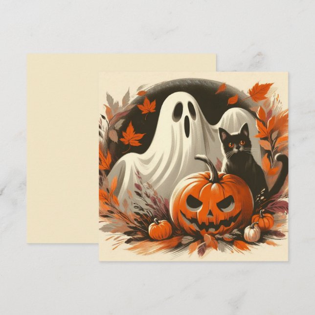 Cartão Fantasma do Halloween, Jack-'o-lantern e Gato Pret (Frente/Verso)