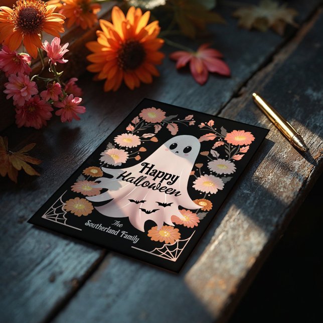 Cartão Fantasma Fantasma Bonito, Quaresma Químico (Cute Spooky Ghost Whimsical Floral Halloween Card)