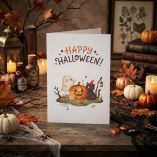 Cartão Fantasma, Gato e Abóbora de Halloween Fofos