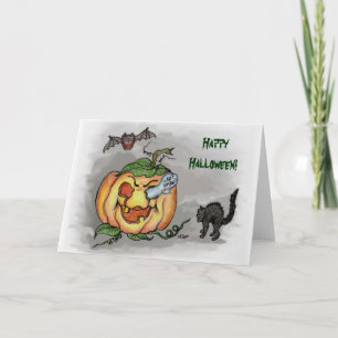 Cartão fantasma, morcego e gato, Feliz Halloween!