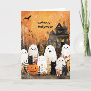Cartão Fantasmas do Halloween, gatos pretos e morcegos,