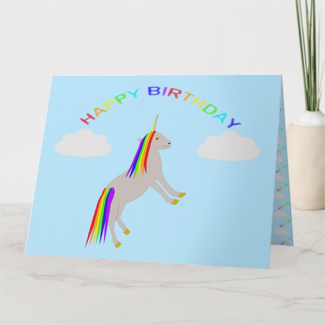 Cartão Fantasy Birthday Unicorn Rainbow and Clouds Custom (Frente)