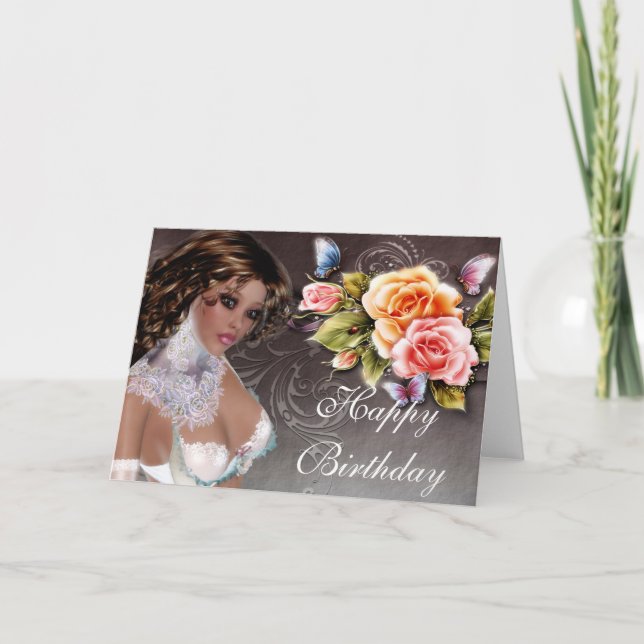 Cartão Fantasy Brunette com Rosa Aniversário 2 (Frente)