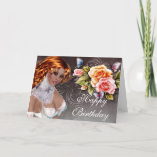 Cartão Fantasy Redhead com Rosa Birthday Card 2