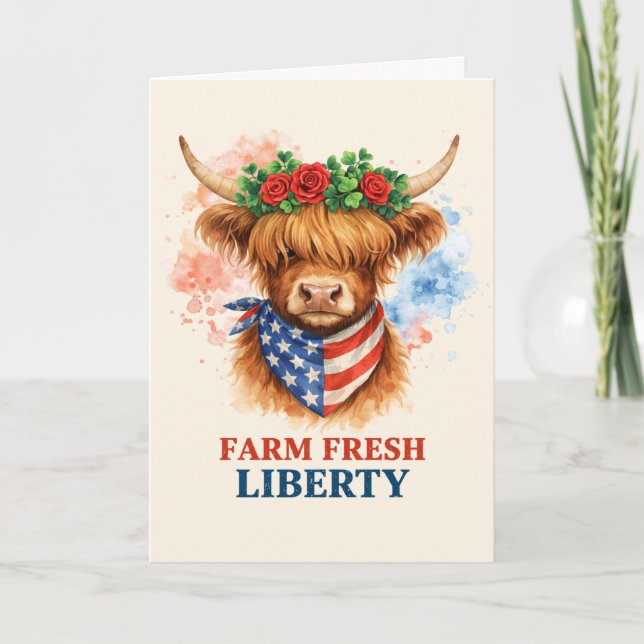 Cartão Farm Fresh Liberty Highland Cow Patriotic USA Art (Frente)