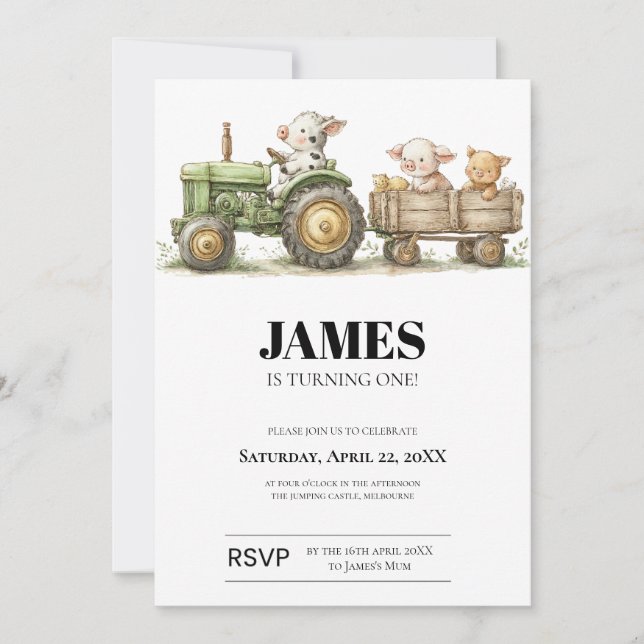 Cartão Farm Tractor Birthday Invitation | Barnyard Animal (Frente)