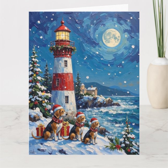 Cartão Farol de Natal Beagle Férias (Frente)