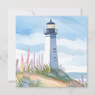 Cartão Farol em Flor Floral Aquarela Costeira