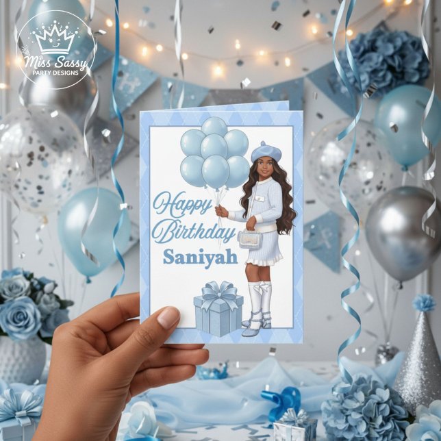 Cartão Fashionista Adolescente Na moda Azul Desejos de An (Chic teen birthday card with Black Girl Magic vibes, shown 5x7 hand-held with glam décor.)
