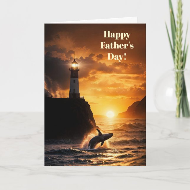 Cartão Fathers Day with Lighthouse Whale Sunset Ocean (Frente)