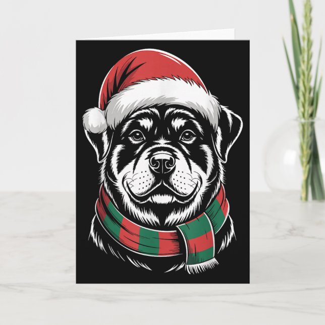 Cartão Fato de Natal do Cão Rottweiler com Chapéu e Cache (Frente)