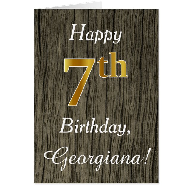 Cartão Faux Wood, Faux Dourada 7 Birthday + nome personal (Frente)