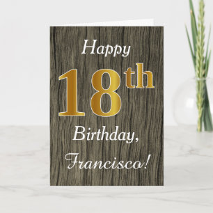 Cartão Faux Wood, Faux Dourado 18.º Aniversário + Nome Pe