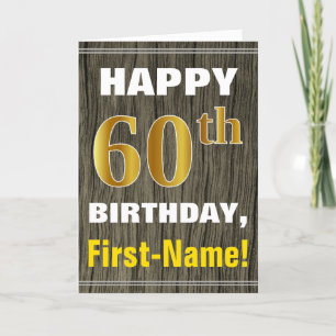 Cartão Faux Wood, Faux Dourado 60º Aniversário + Nome