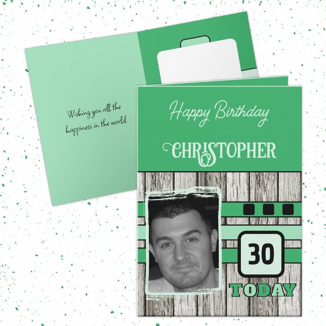 Cartão Faux wood rustic 30 verde foto-aniversário (Criador carregado)